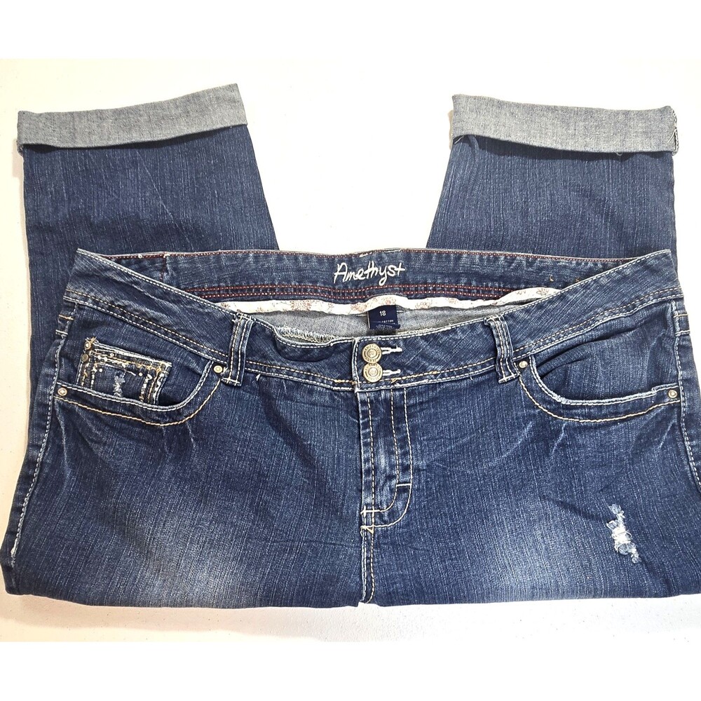 Amethyst Capri Jeans Womens Size 18 Blue Cuffed Denim  Embroidery Rhinestone